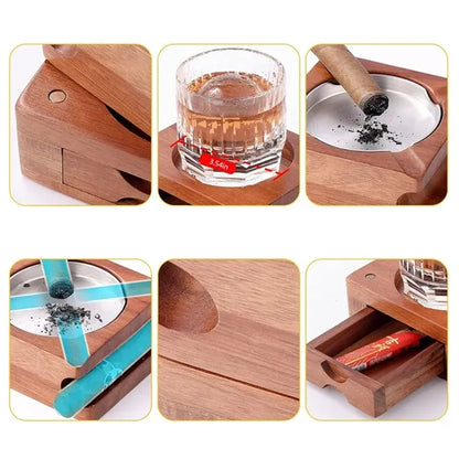 Detachable Wood Cigar Ashtray w/ Whiskey Glass Holder Drawer