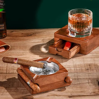 Detachable Wood Cigar Ashtray w/ Whiskey Glass Holder Drawer