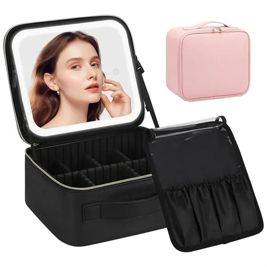 Travel Makeup Bag Case with LED Mirror Cosmetic Organizer