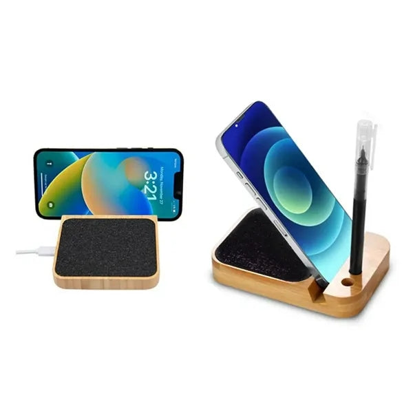 Bamboo Wireless Charger Stand with Pen Holder Mobile