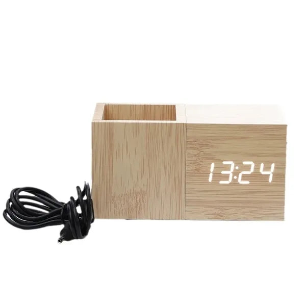 LED Bamboo Wooden Pen Holder Clock