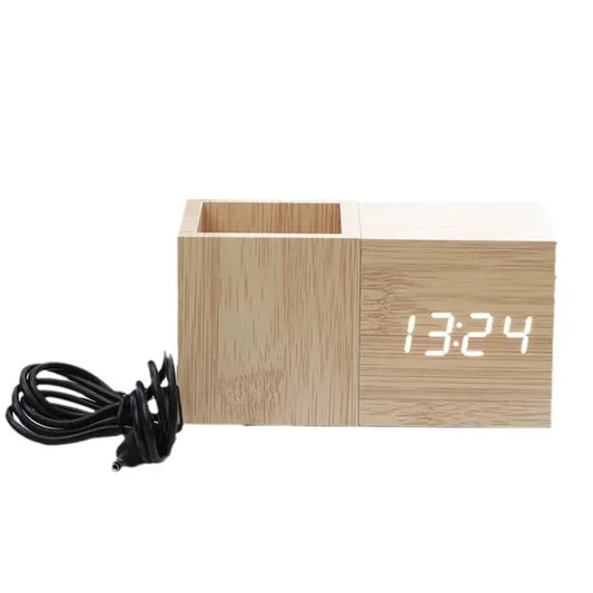 LED Bamboo Wooden Pen Holder Clock