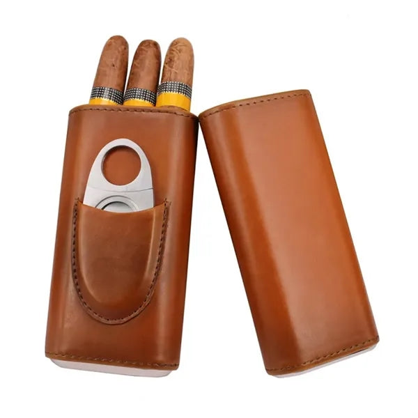Portable Premium Leather Travel Cigar Case with Cutter
