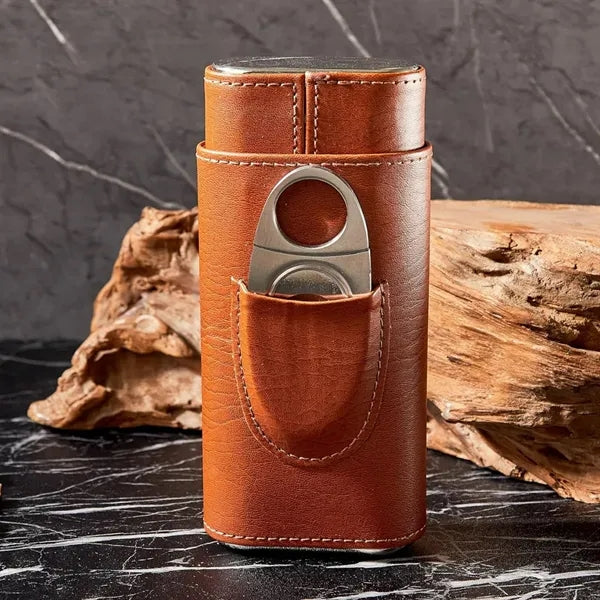 Portable Premium Leather Travel Cigar Case with Cutter
