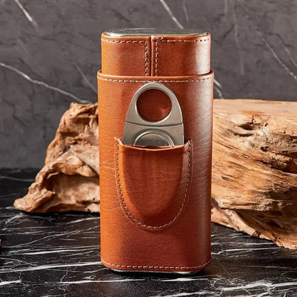 Portable Premium Leather Travel Cigar Case with Cutter