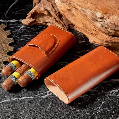 Portable Premium Leather Travel Cigar Case with Cutter