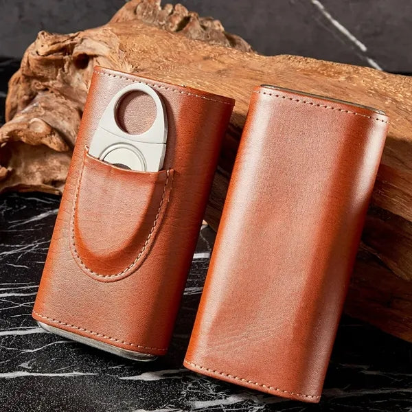 Portable Premium Leather Travel Cigar Case with Cutter