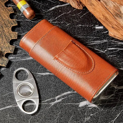 Portable Premium Leather Travel Cigar Case with Cutter