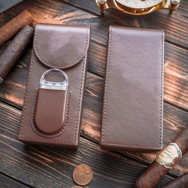 Genuine Leather Cigar Case Humidor with Cutter