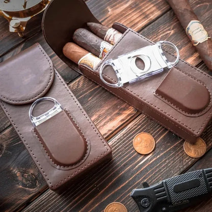 Genuine Leather Cigar Case Humidor with Cutter