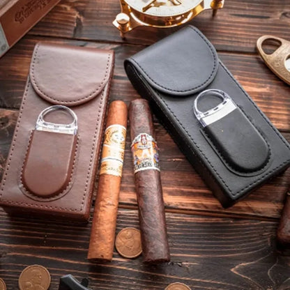 Genuine Leather Cigar Case Humidor with Cutter