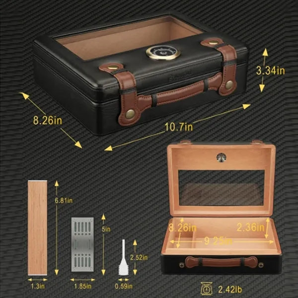 Large Leather Wood Cigar Humidor Box with Hygrometer Set