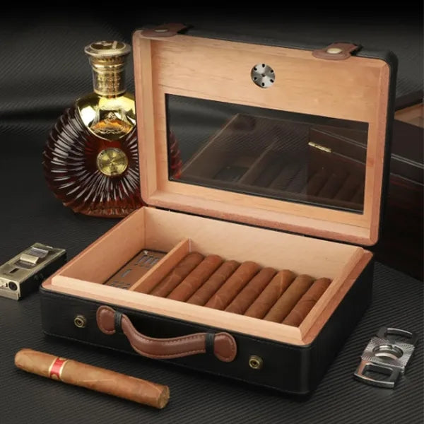 Large Leather Wood Cigar Humidor Box with Hygrometer Set