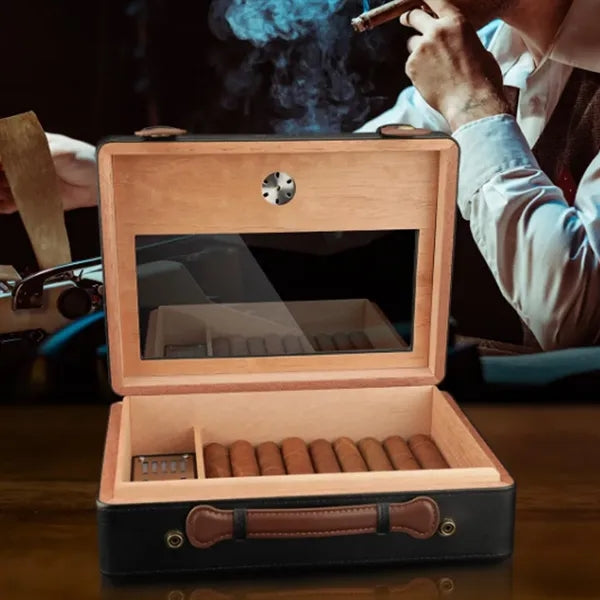 Large Leather Wood Cigar Humidor Box with Hygrometer Set
