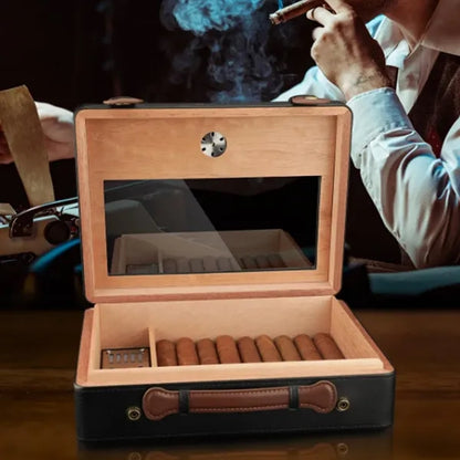 Large Leather Wood Cigar Humidor Box with Hygrometer Set