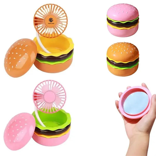 Folding portable rechargeable hamburger desk fan with mirror