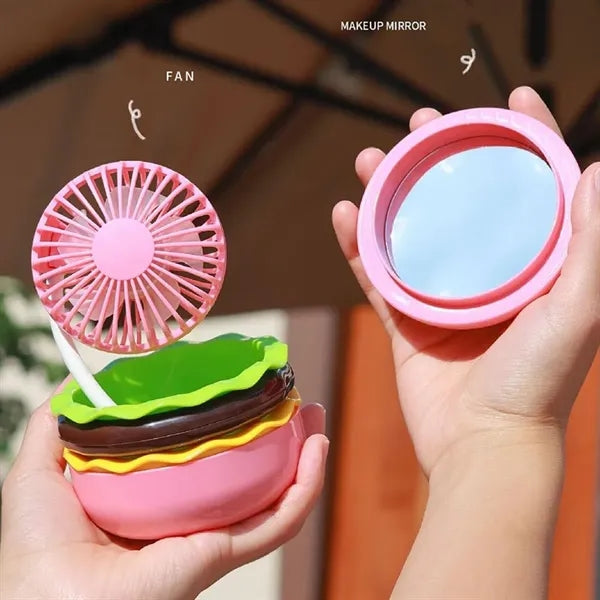 Folding portable rechargeable hamburger desk fan with mirror