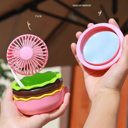 Folding portable rechargeable hamburger desk fan with mirror