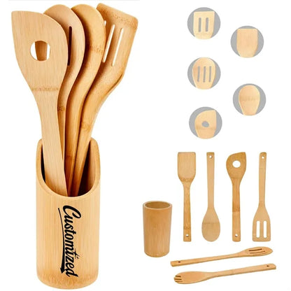8 Piece Bamboo Cooking Utensil Set with Holder & Tongs