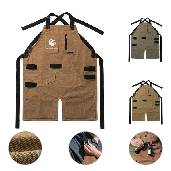 Durable canvas woodworking work apron with tool pockets