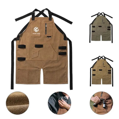 Durable canvas woodworking work apron with tool pockets