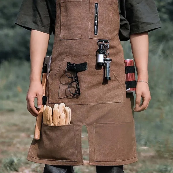 Durable canvas woodworking work apron with tool pockets