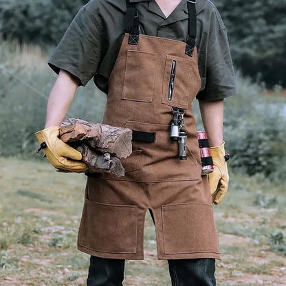 Durable canvas woodworking work apron with tool pockets