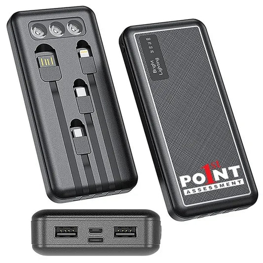 Slim 10000mAh Power Bank with 4 Cables & Light