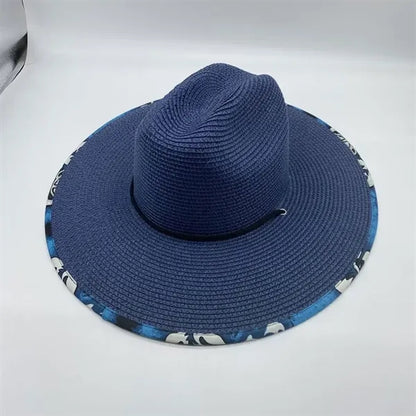 Wide Brim Straw Sun Hat W/ Printed Underbrim and Chin Cord