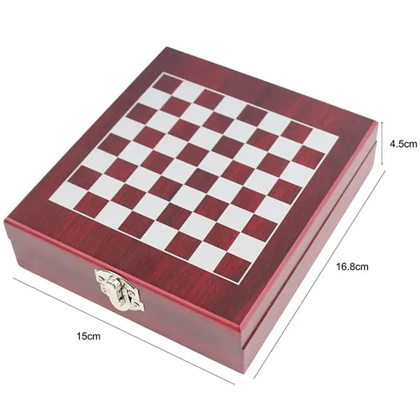 Wooden Chess and Wine Tool Gift Set with Game Board Lid