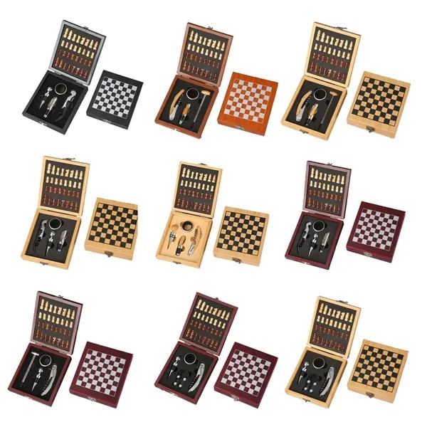 Wooden Chess and Wine Tool Gift Set with Game Board Lid