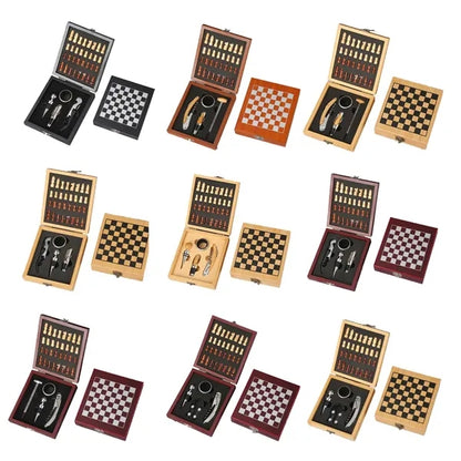 Wooden Chess and Wine Tool Gift Set with Game Board Lid