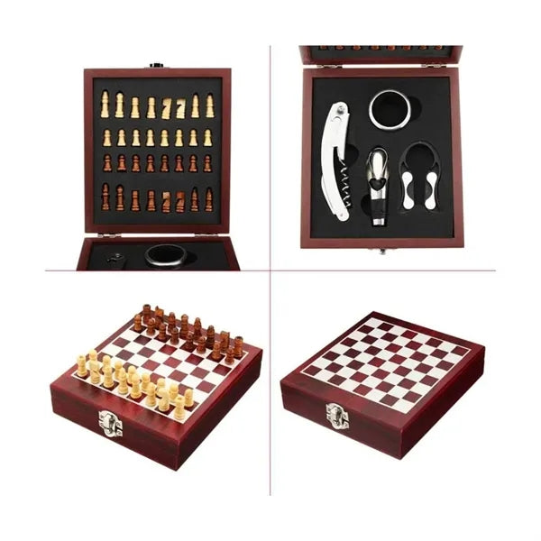 Wooden Chess and Wine Tool Gift Set with Game Board Lid