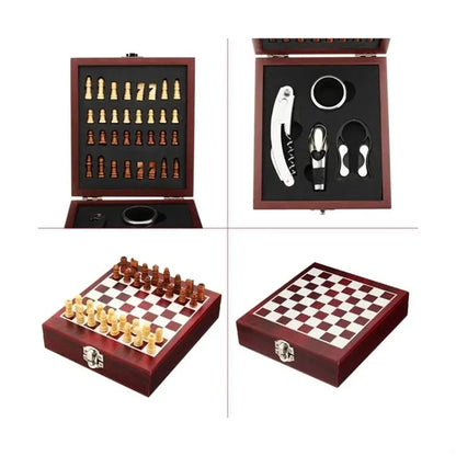 Wooden Chess and Wine Tool Gift Set with Game Board Lid