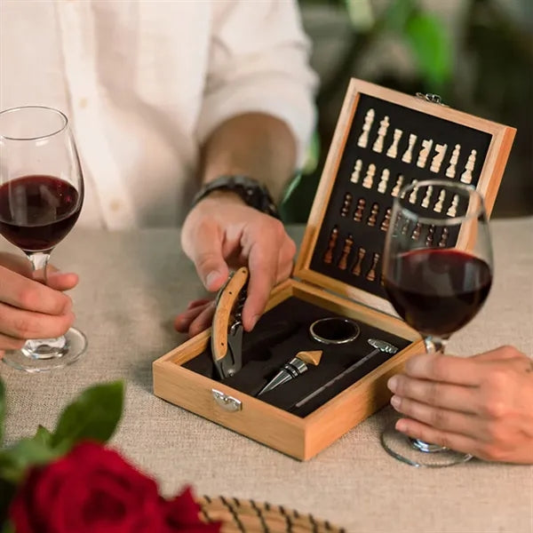 Wooden Chess and Wine Tool Gift Set with Game Board Lid