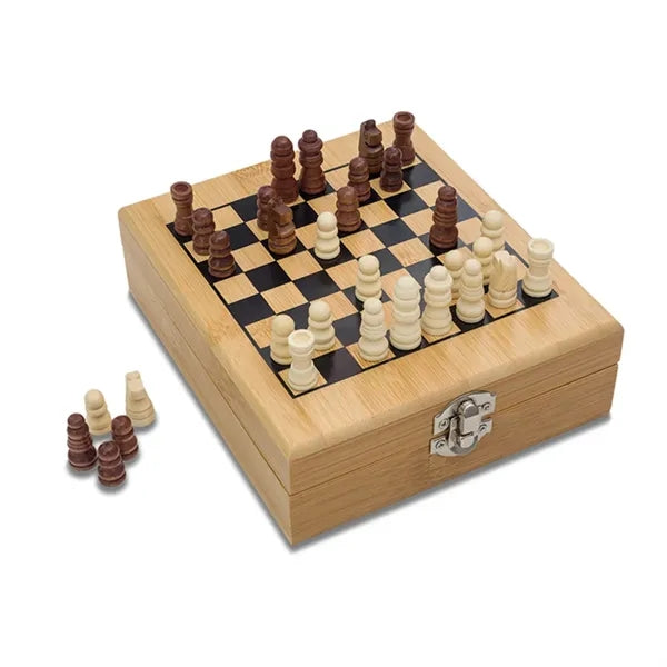 Wooden Chess and Wine Tool Gift Set with Game Board Lid