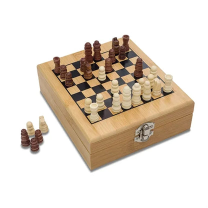 Wooden Chess and Wine Tool Gift Set with Game Board Lid