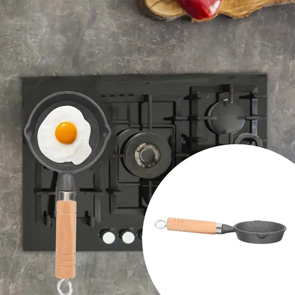 Mini kitchen skillet cast iron frying pan with wooden handle