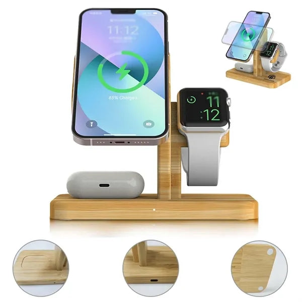 3 in 1 bamboo magnetic stand fast wireless charging station