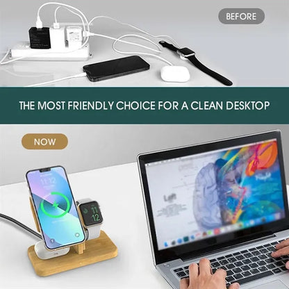 3 in 1 bamboo magnetic stand fast wireless charging station