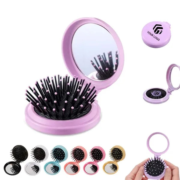 Portable mini pocket foldable mirror with massage hair comb