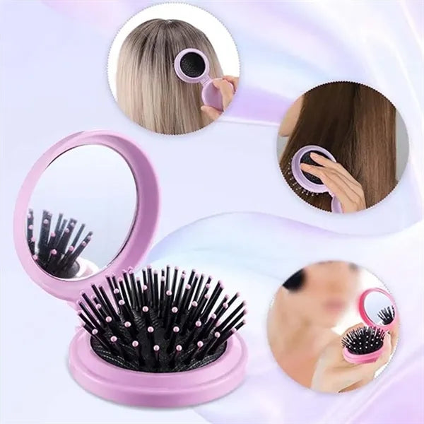 Portable mini pocket foldable mirror with massage hair comb