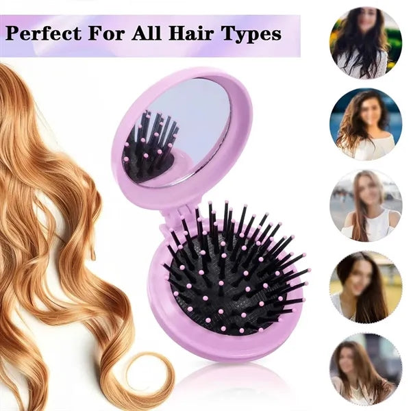 Portable mini pocket foldable mirror with massage hair comb