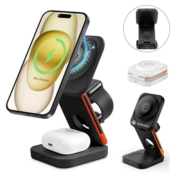 Portable foldable 3-in-1 magnetic wireless charging station