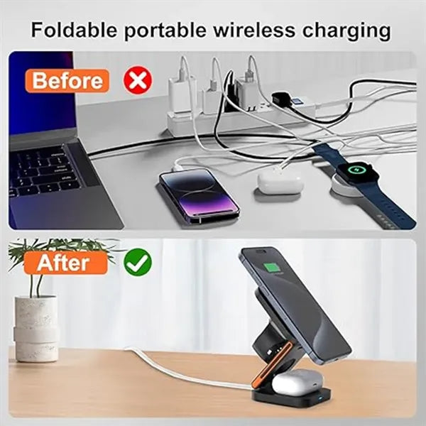 Portable foldable 3-in-1 magnetic wireless charging station