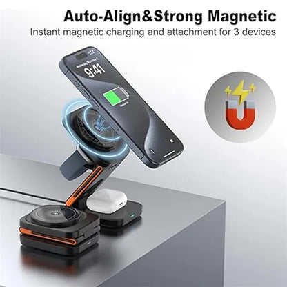 Portable foldable 3-in-1 magnetic wireless charging station
