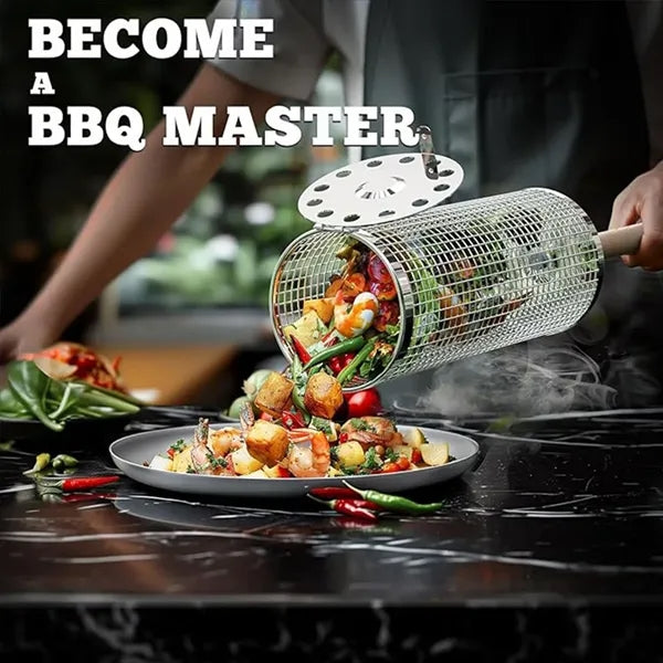 Outdoor cooking camping stainless steel rolling grill basket