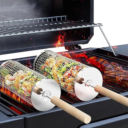 Outdoor cooking camping stainless steel rolling grill basket