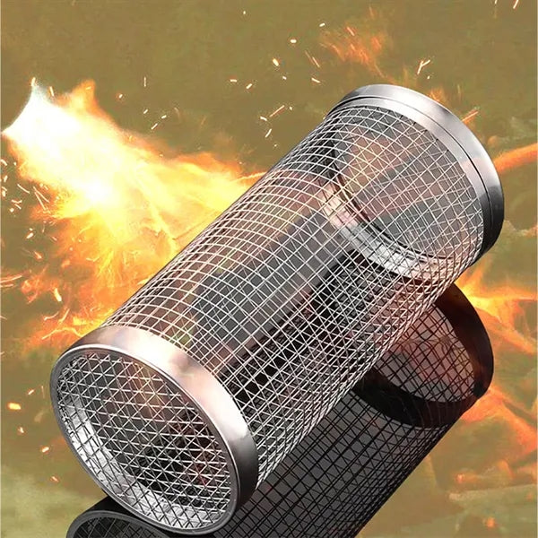 Outdoor cooking camping stainless steel rolling grill basket