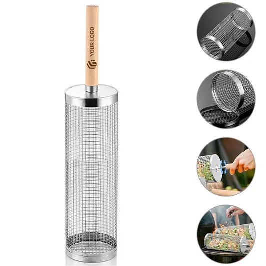Outdoor cooking camping stainless steel rolling grill basket